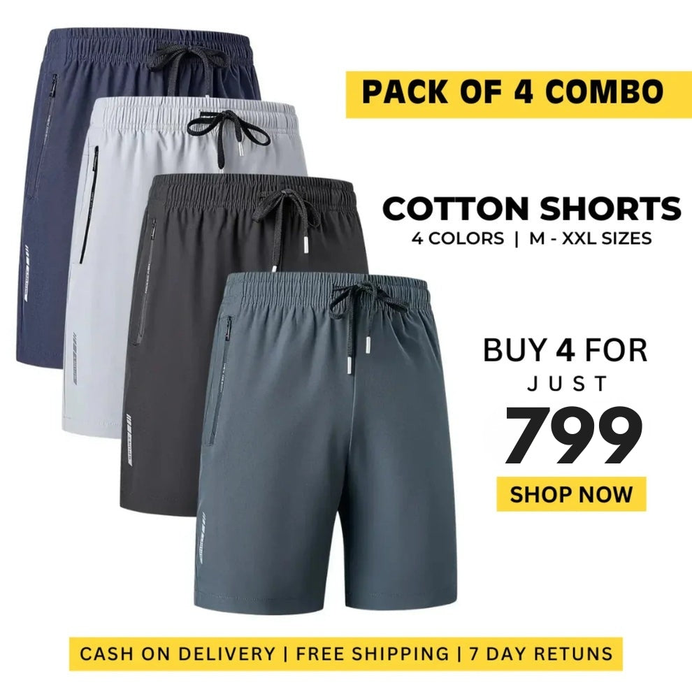 Combo of 4 Men's Stretchable Cotton Shorts for All Seasons🩳